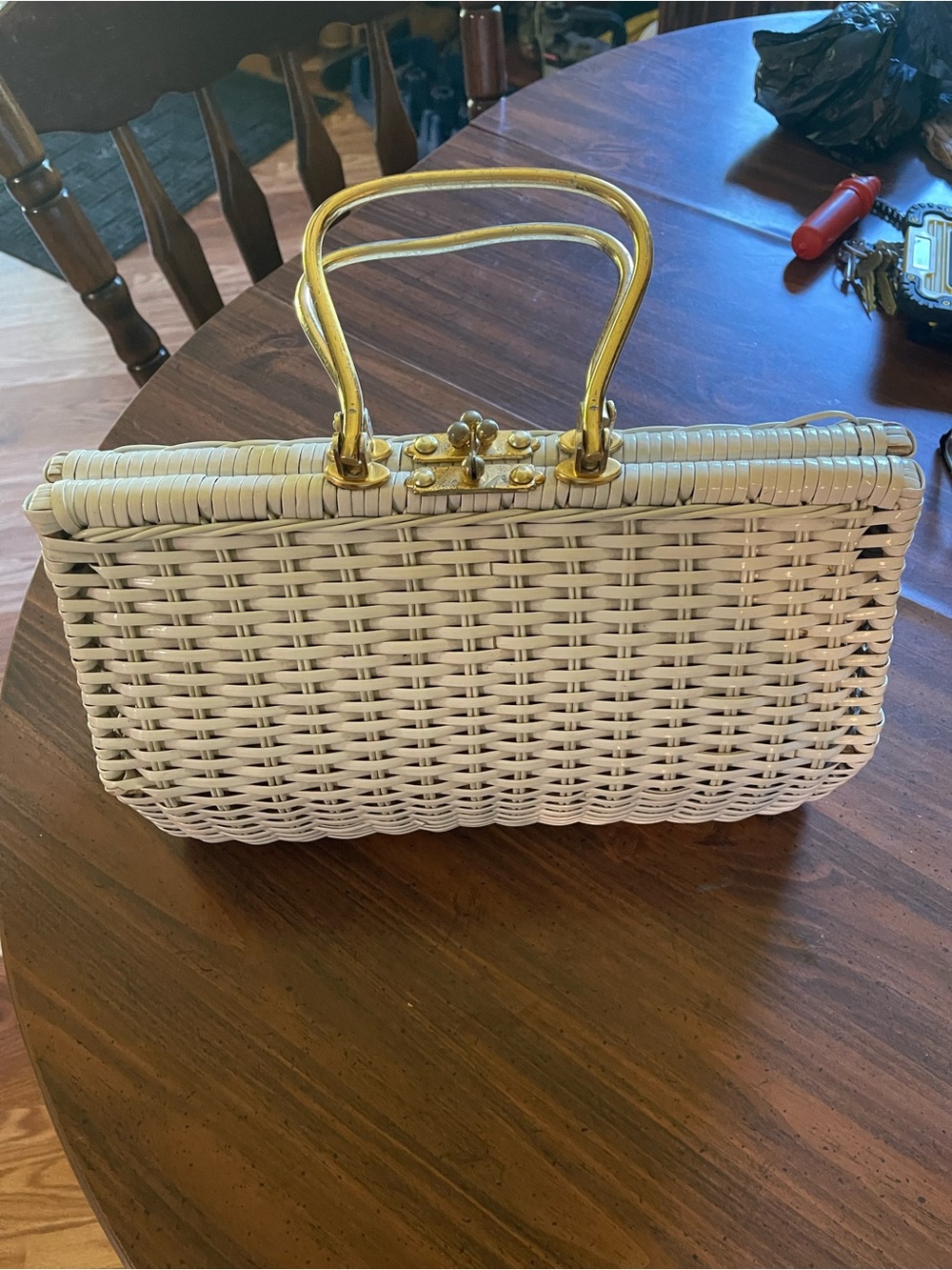 Vintage Woven White Top-Handle Bag with Gold Hardware